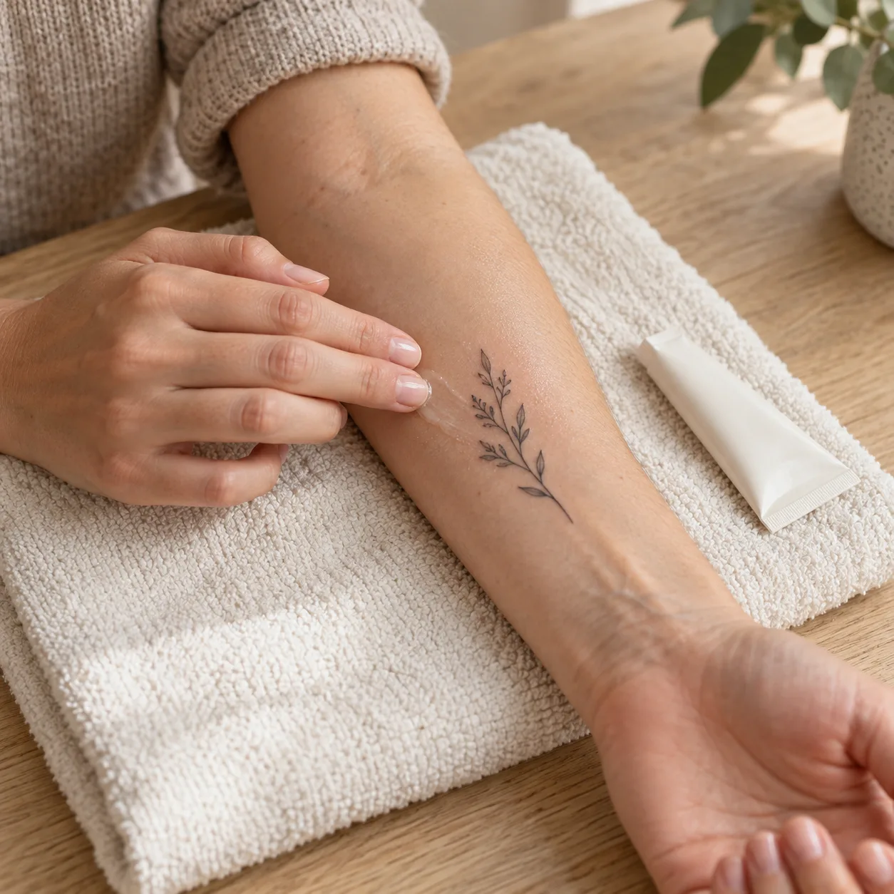 Illustration zur Nachsorge: Eine Hand trägt vorsichtig Pflege auf ein feines florales Unterarmtattoo auf